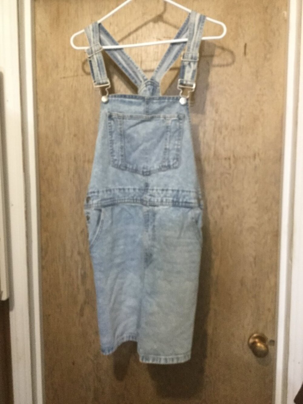 Reused denim short alls size medium waist measures 18" across and inseam is 6"